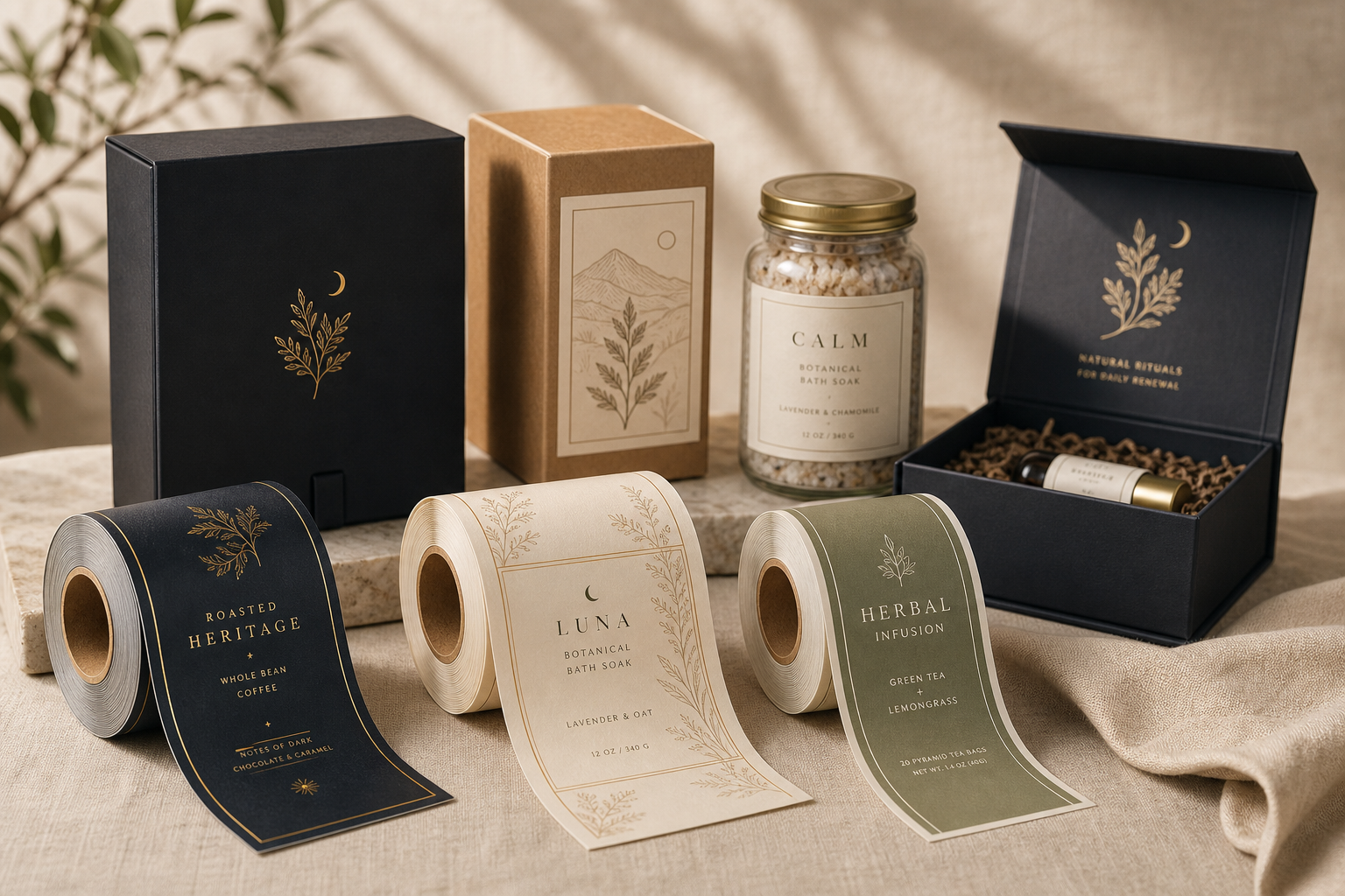 Custom packaging showcase — bags, tubes, boxes, pouches, and label rolls